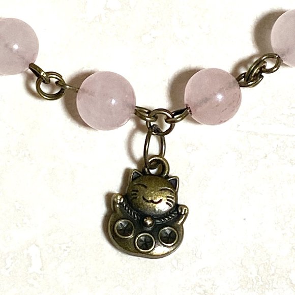Natural Pink Rose Quartz Necklace, Bronze Fortune Cat + Genuine Gemstone Choker - Picture 6 of 14